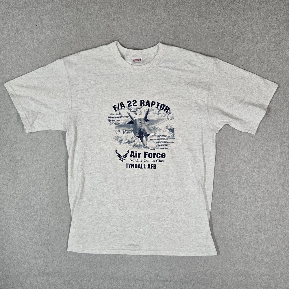 VINTAGE US Air Force Men Shirt L Gray 90s USA FA 22 Raptor Jet Tyndall AFB